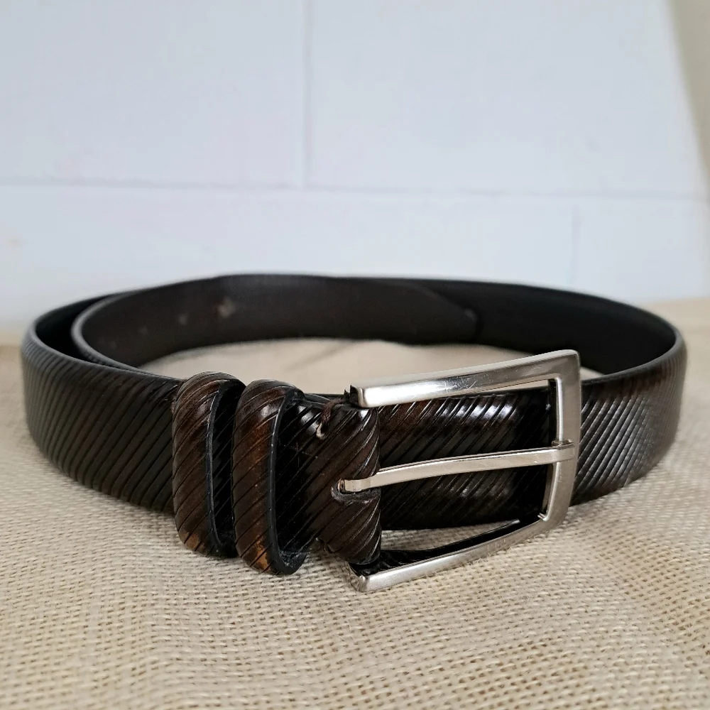 Jos A Bank Brown Ribbed Leather Dress Business Belt Silver Buckle Sz36